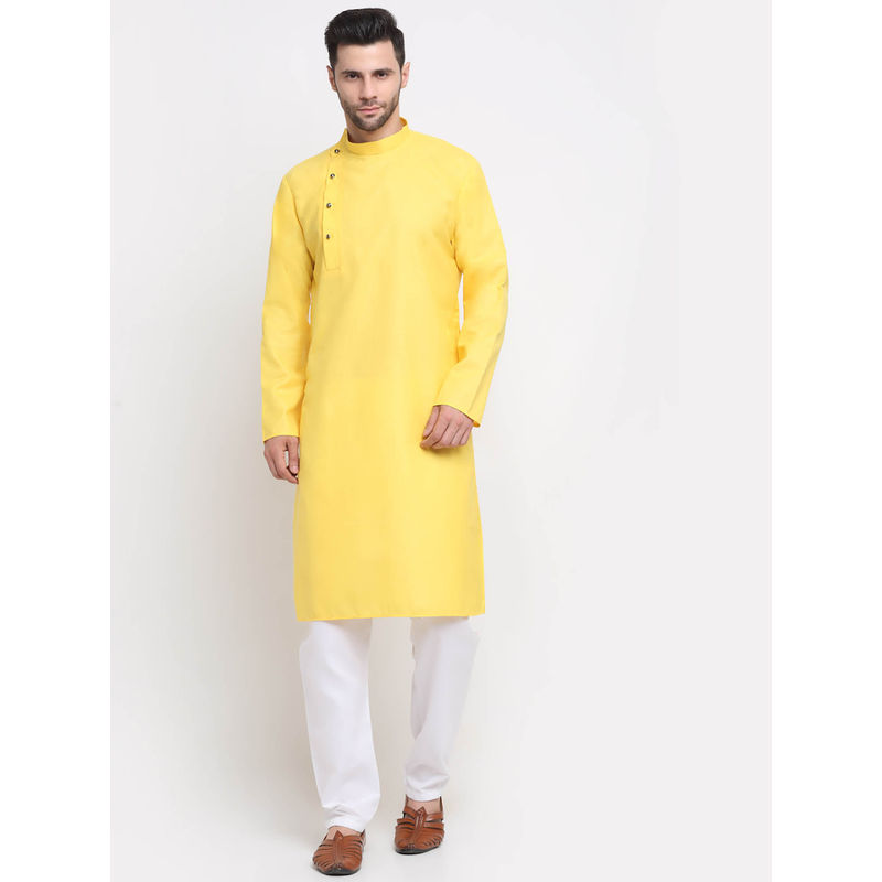 Kraft India Men Cotton Yellow Solid Kurta with Pyjamas (Set of 2) (S)