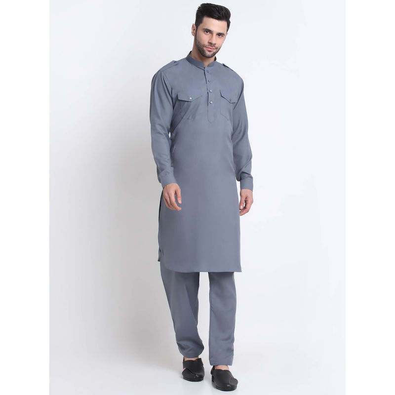 Kraft India Men Grey Cotton Solid Pathani and Trousers (Set of 2) (M)