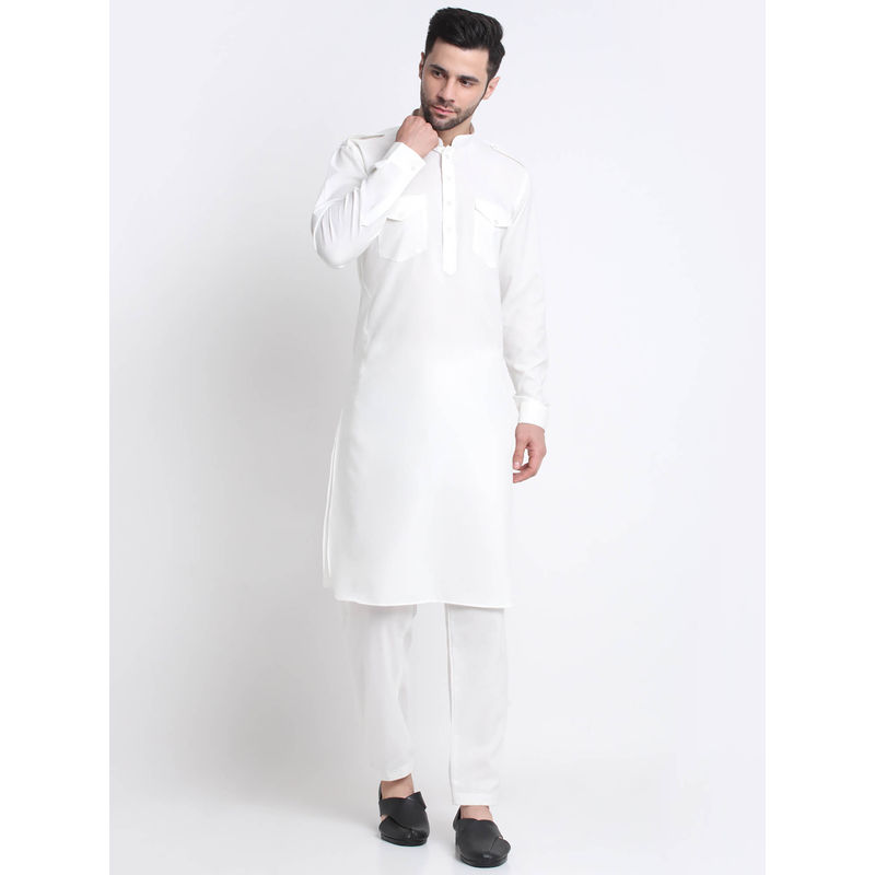Kraft India Men White Cotton Solid Pathani and Trousers (Set of 2) (M)