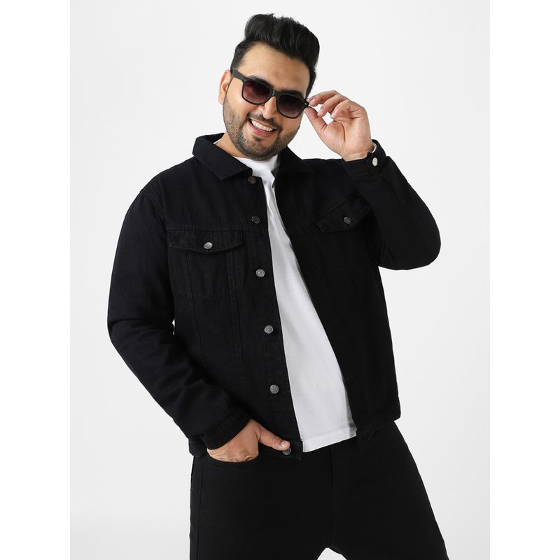 Urbano Plus Men Black Regular Fit Washed Full Sleeve Denim Jacket (5XL)