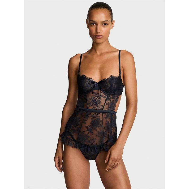 Victoria's Secret Very Sexy Wicked Unlined Rose Lace Babydoll with Panty Blue (XL)