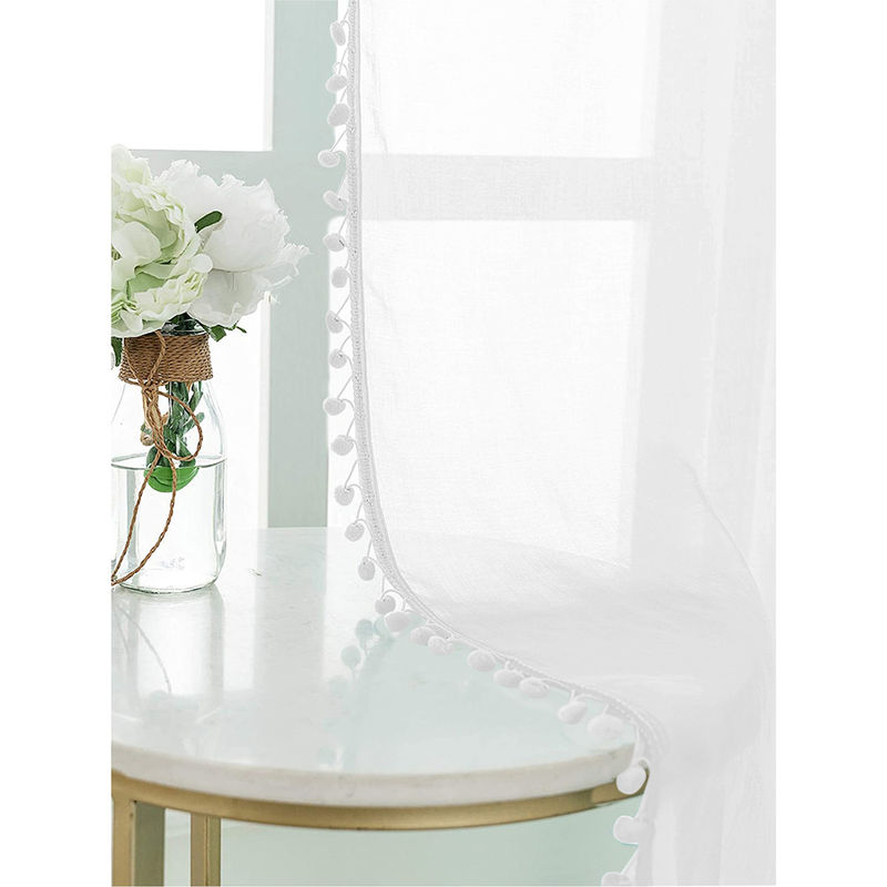 Urban Space Sheer Curtain for Window Eyelets & Tieback-White with Pom Pom (Set of 2) (4X5 Feet)