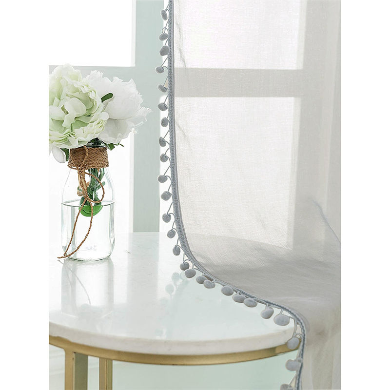Urban Space Sheer Curtain for Window Eyelets & Tieback-Silver with Pom Pom (Set of 2) (4X5 Feet)
