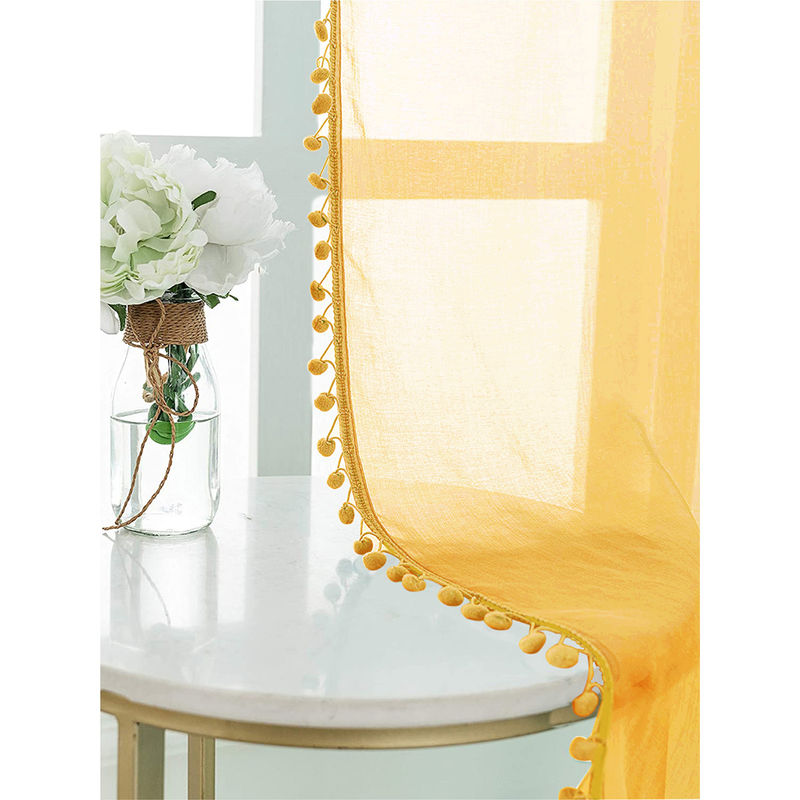 Urban Space Sheer Curtain for Door Eyelets & Tieback-Yellow with Pom Pom (Set of 2) (7x4 feet)