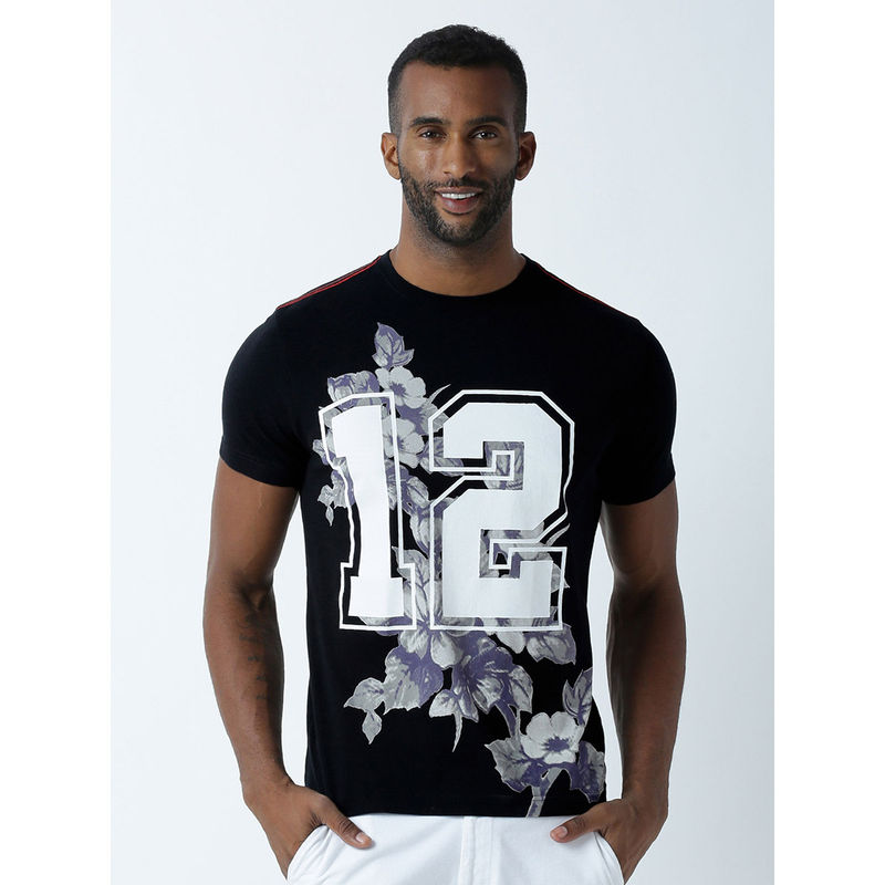 Huetrap Mens Printed Round Neck Black T-Shirt (L)