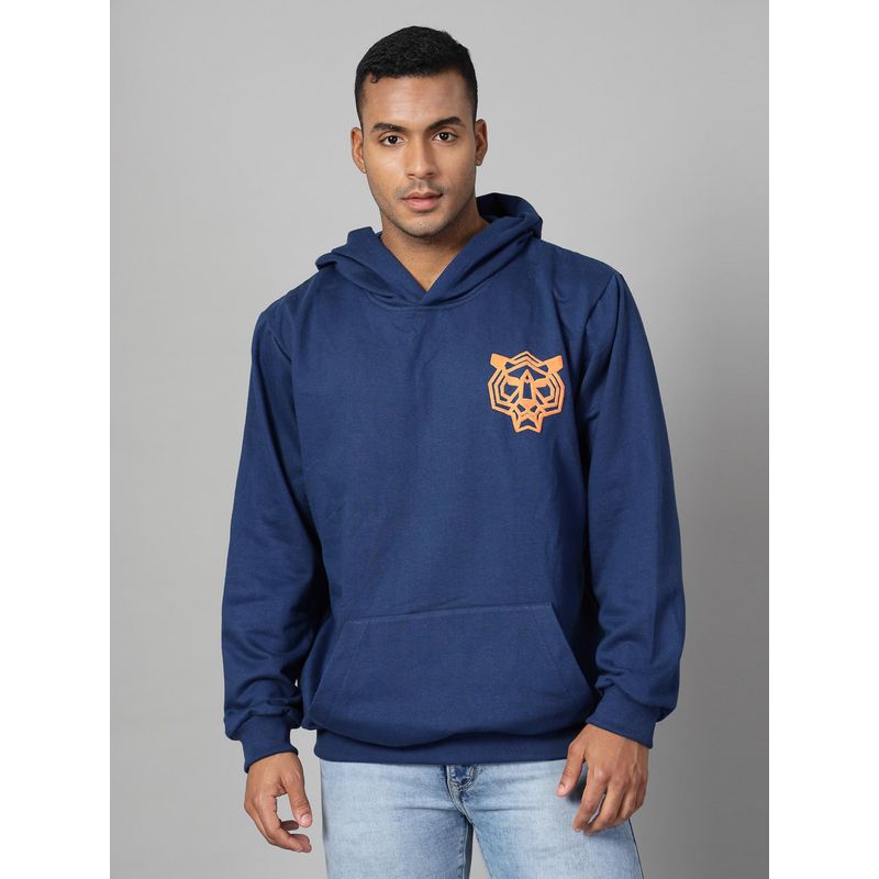 RIGO Men Ink Blue Fleece Oversized Printed Hoodie (L)