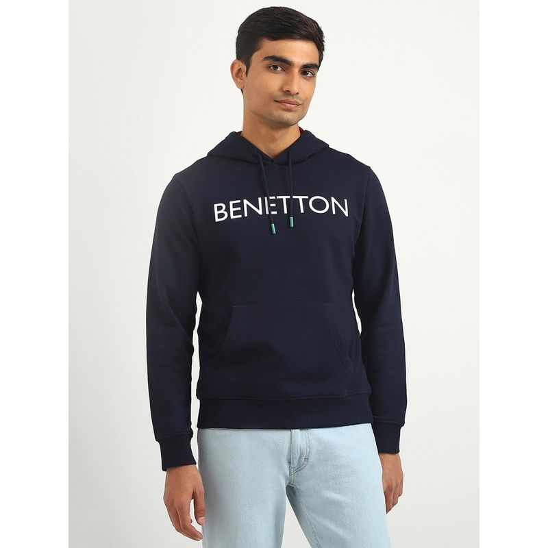 United Colors of Benetton Men Printed Hooded Sweatshirt Navy Blue (S)