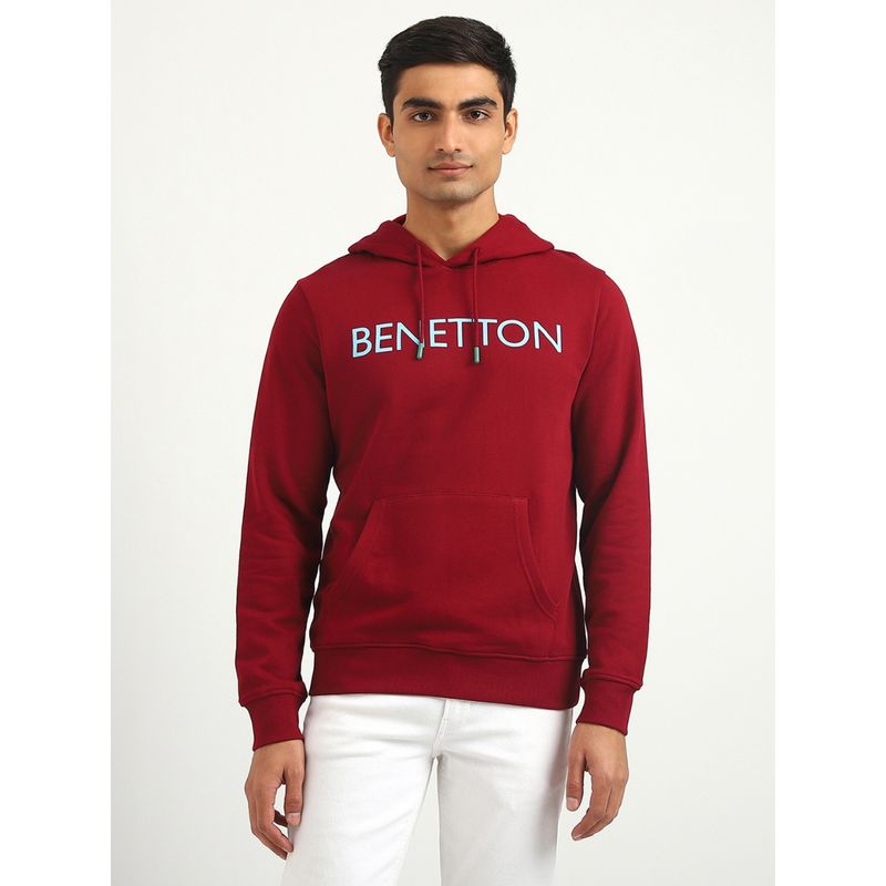 United Colors of Benetton Men Printed Hooded Sweatshirt Maroon (L)
