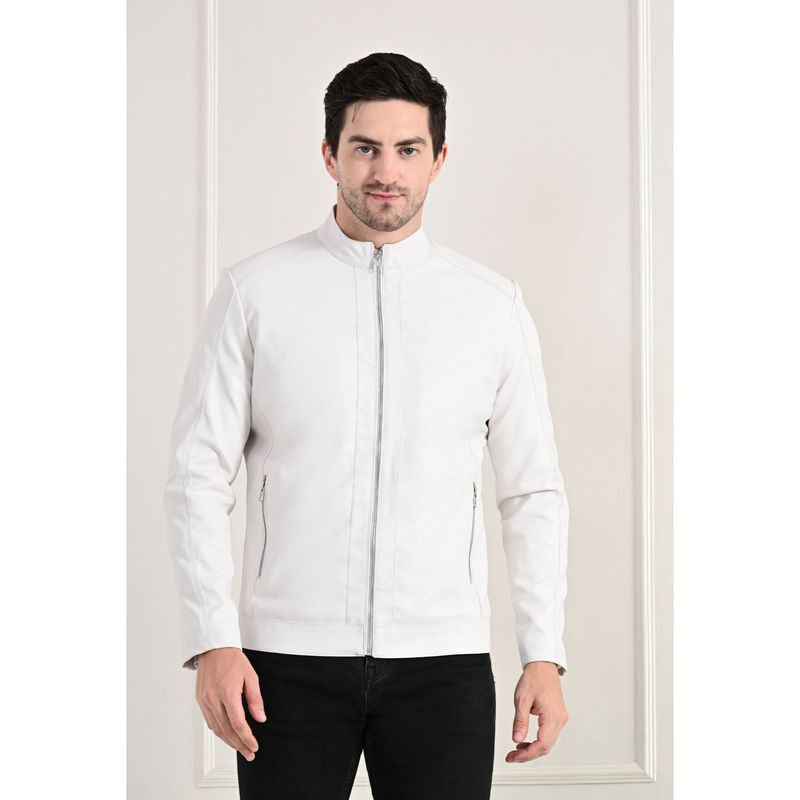 TBOJ Men Solid Leather Jacket - White (M)