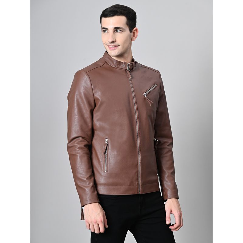 TBOJ Men Solid Leather Jacket - Brown (XS)