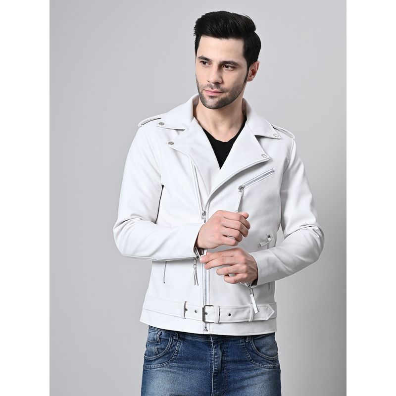 TBOJ Men Solid Leather Jacket - White (M)