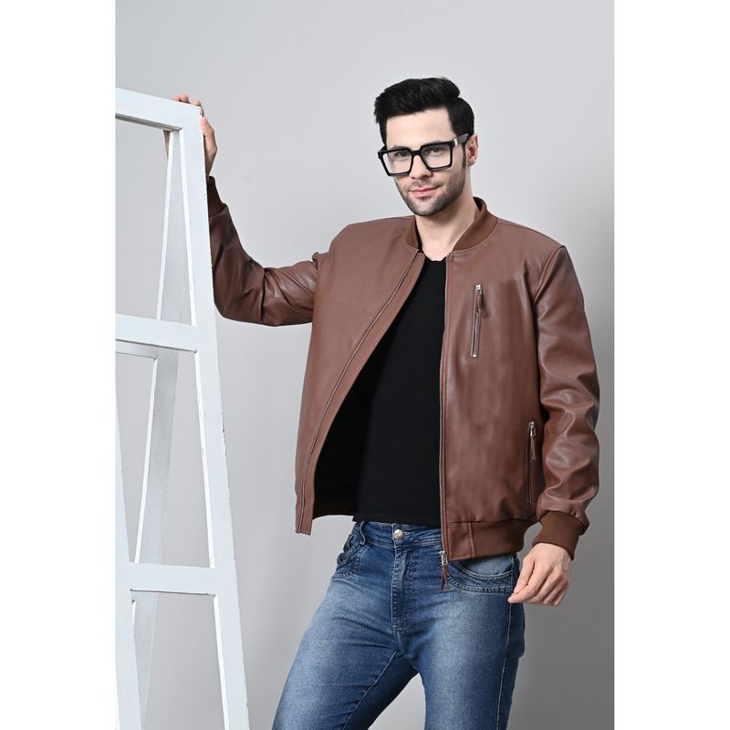 TBOJ Men Solid Leather Jacket - Brown (XS)