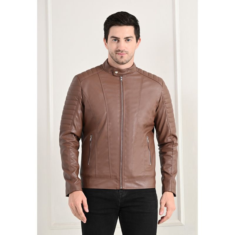 TBOJ Men Solid Leather Jacket - Brown (M)