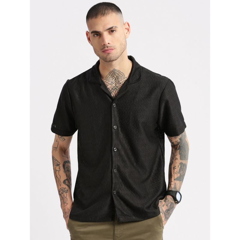 SHOWOFF Mens Short Sleeves Cuban Collar Cotton Self Design Black Crochet Shirt (L)