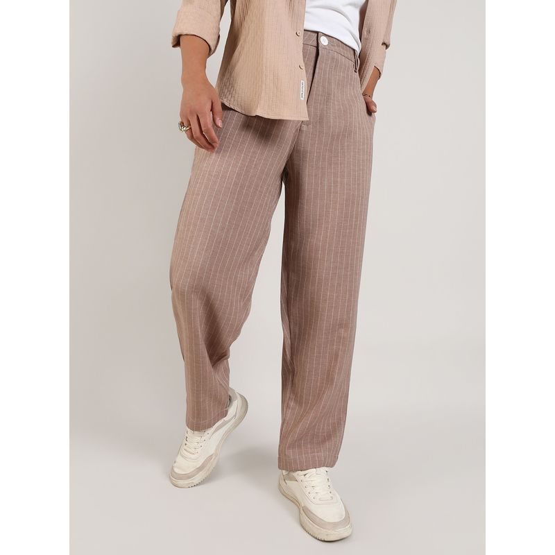 Campus Sutra Men's Tan Brown Pinstriped Trouser (34)