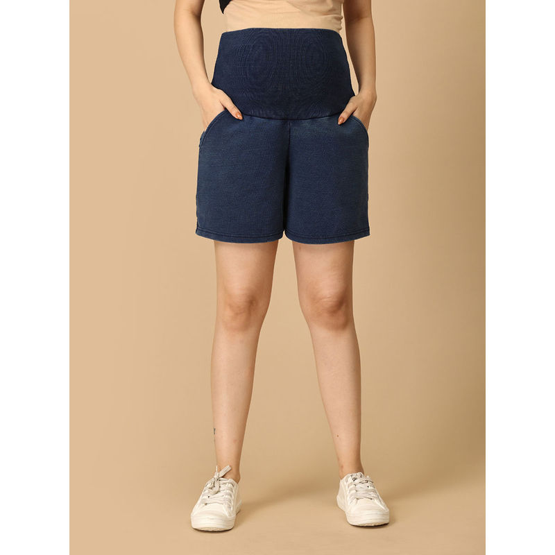 The Mom Store Blue Maternity Knit Denim Shorts with Belly Support -Dark Wash (L)