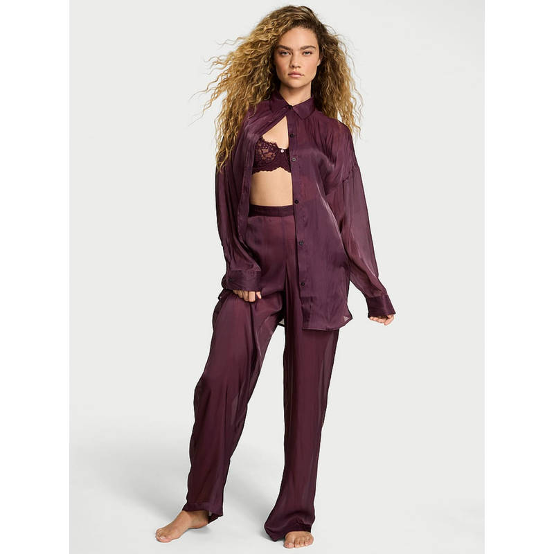 Victoria's Secret Purple Luxe Sheer Satin Button-Front Shirt & Pyjama (XS)