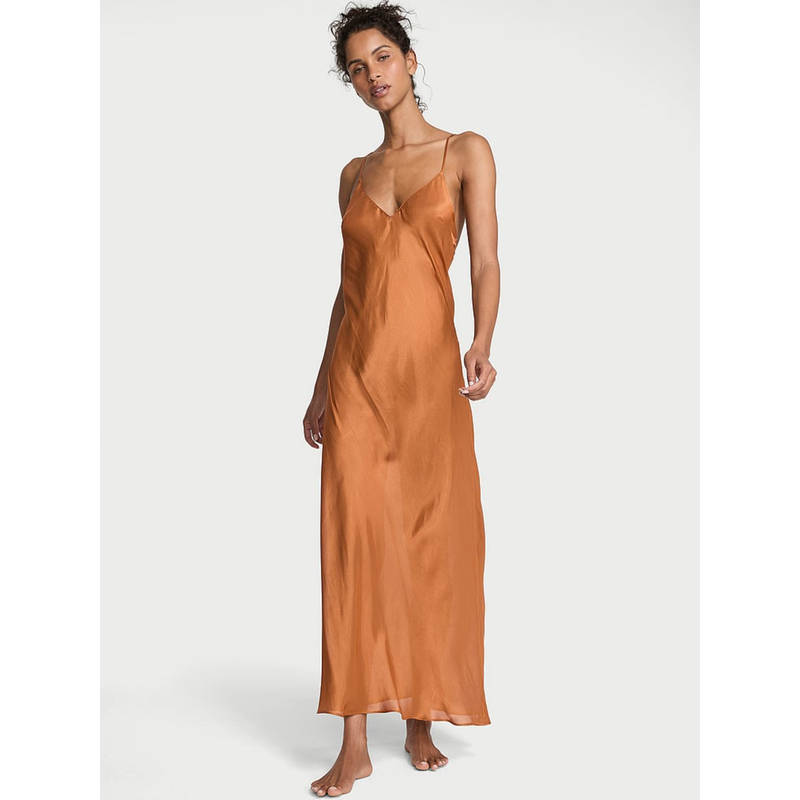 Victoria's Secret Brown Luxe Sheer Satin Long Slip Dress (L)