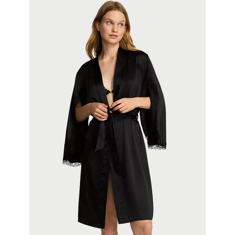 Victoria's Secret Black Very Sexy Satin Rose Lace-Trim Midi Robe with Belt (XS/S)