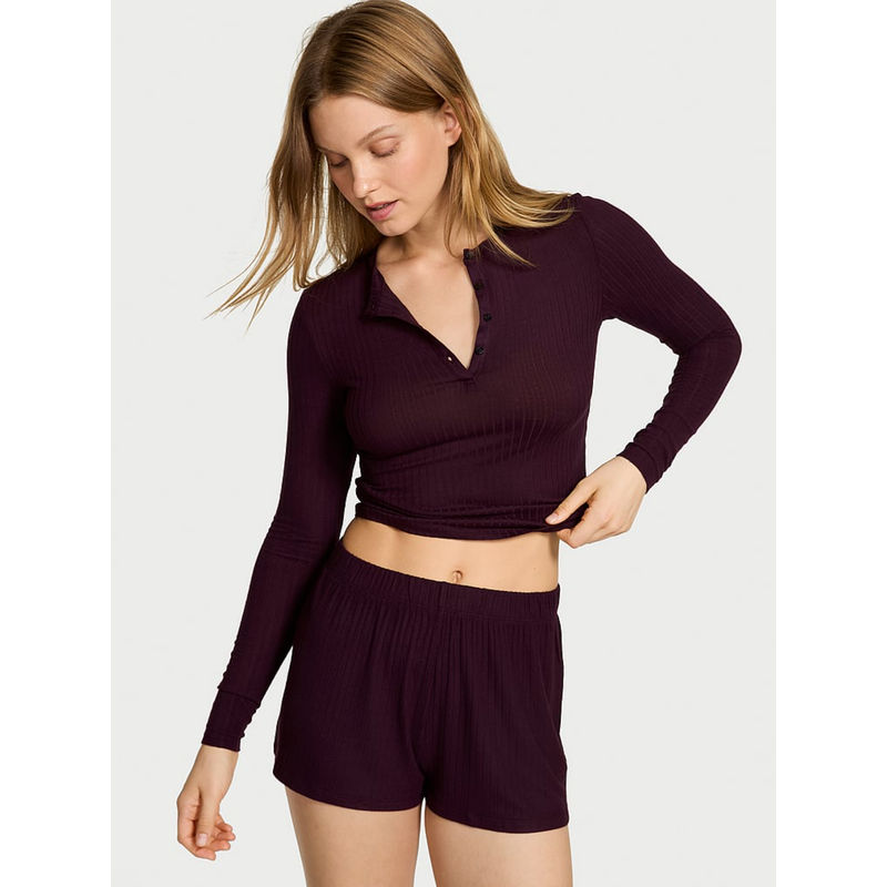 Victoria's Secret Purple Modal Wide-Rib Long-Sleeve Top & Shorts (XS)