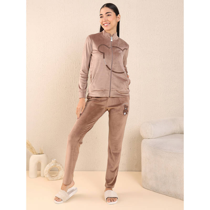 Sweet Dreams Brown Solid Velour Spandex Sweatshirt & Pyjama (3XL)