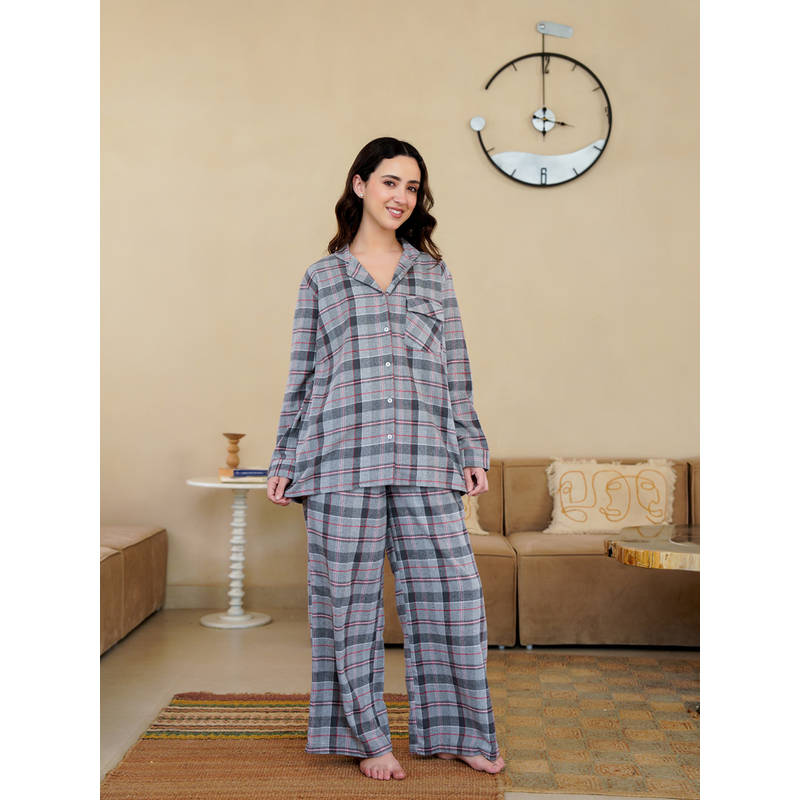 SANSKRUTIHOMES Grey Pure Cotton Shirt & Pyjama (L)