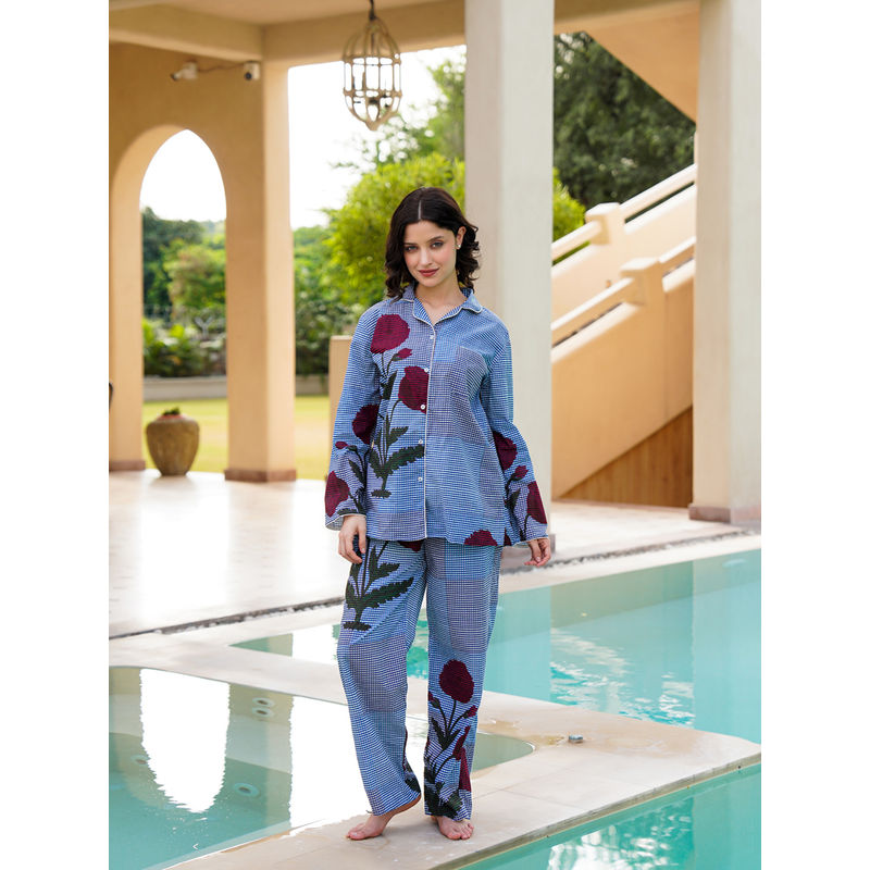 SAY Blue Pure Cotton Collar Neck Shirt & Pyjama (3XL)