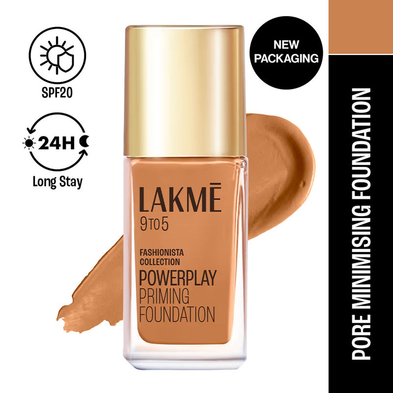 Lakme 9 To 5 Powerplay Priming Liquid Foundation, Built In Primer, SPF 20 , Neutral Chestnut