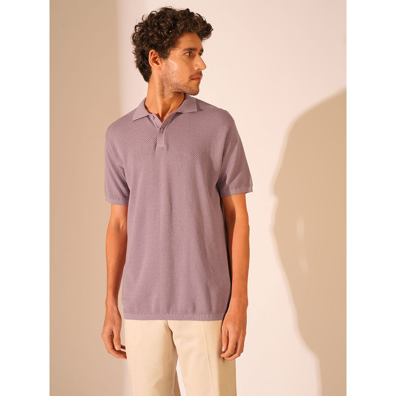 Selected Men Textured Slim Fit Purple Polo T-Shirt (L)