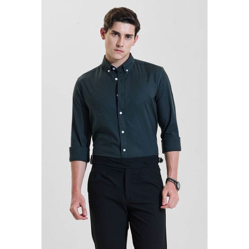 Snitch Dark Green Plain Full Sleeves Slim Casual Shirt for Men (M)