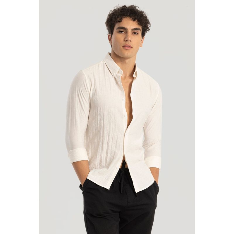 Snitch Off-White Plain Full Sleeves Slim Casual Shirt for Men (L)