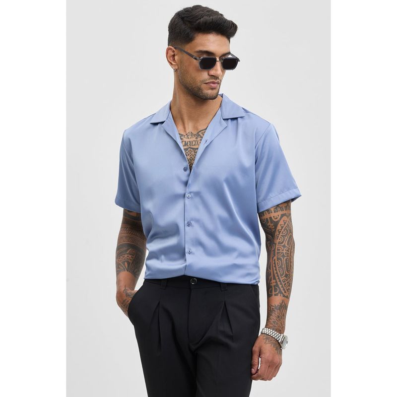 Snitch Blue Plain Half Sleeves Boxy Casual Shirt for Men (L)