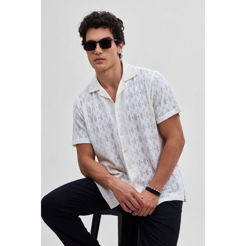Snitch Off-White Textured Self-Design Half Sleeves Boxy Casual Shirt for Men (XS)