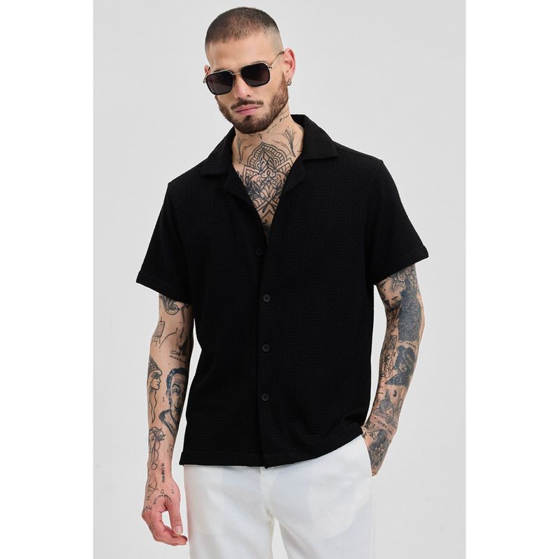 Snitch Black Textured Self-Design Half Sleeves Boxy Casual Shirt for Men (2XL)