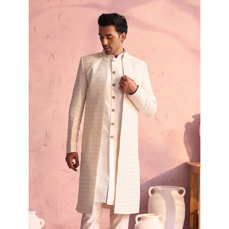 Vastramay Men's Cream Silk Blend Sherwani (M)