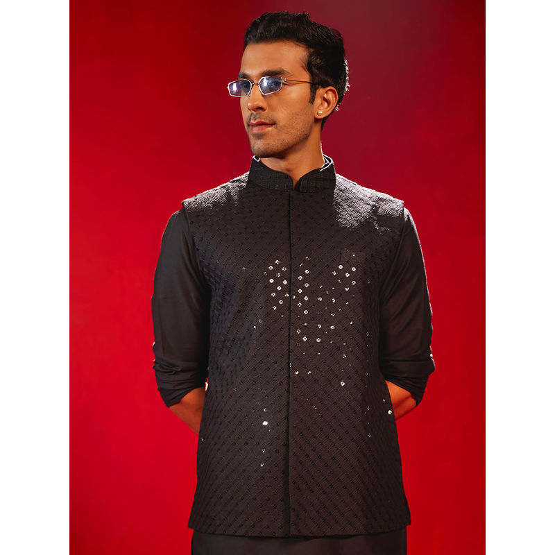 Vastramay Men's Black Silk Blend Nehru Jacket (XL)