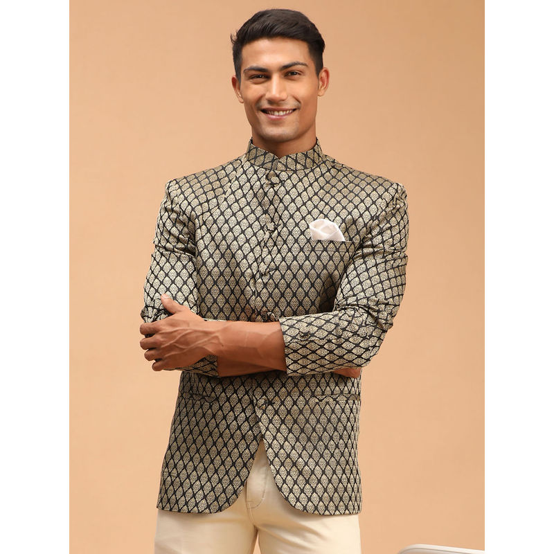 Vastramay Men's Black Banarasi Jacquard Jodhpuri (L)