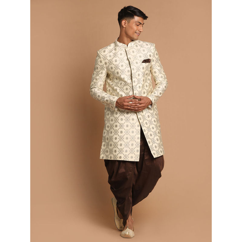 Vastramay Men's Beige And Coffee Brown Silk Blend Sherwani and Dhoti (Set of 2) (L)