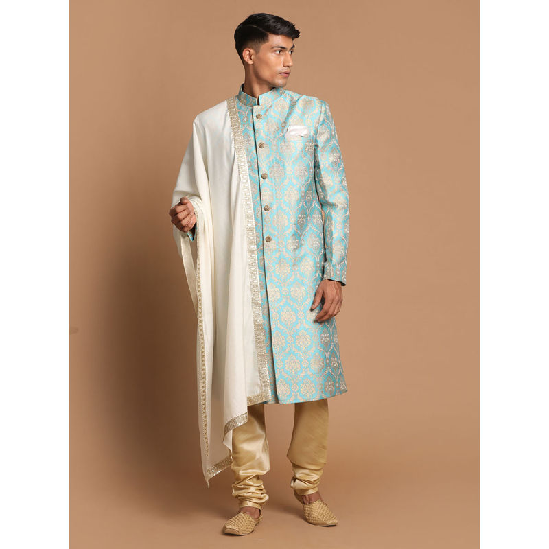 Vastramay Men's Aqua And Gold Silk Blend Sherwani and Chudidar and Dupatta (Set of 3) (M)