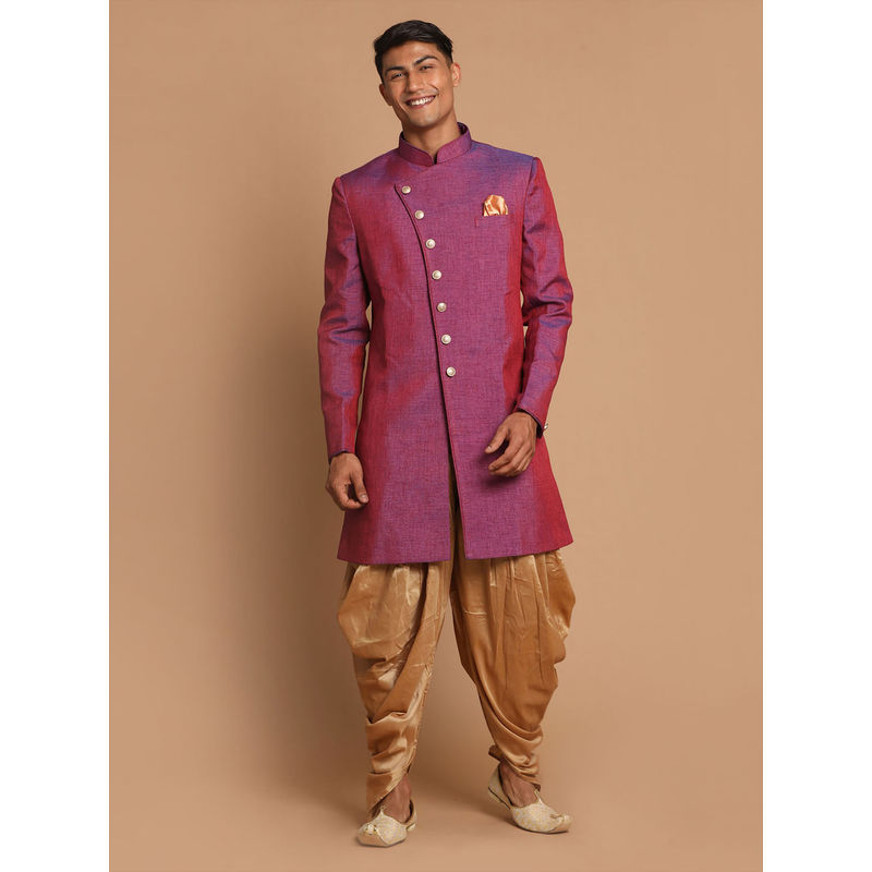 Vastramay Men's Purple And Rose Gold Silk Blend Sherwani and Dhoti (Set of 2) (XL)