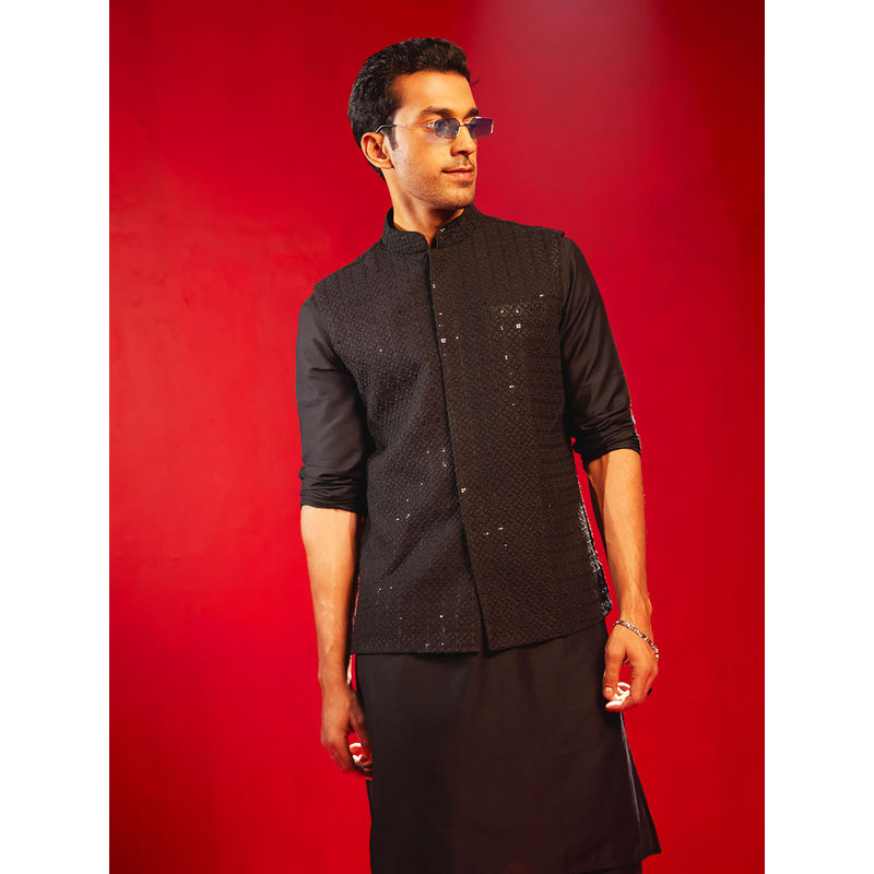 Vastramay Men's Black Rayon Nehru Jacket (M)