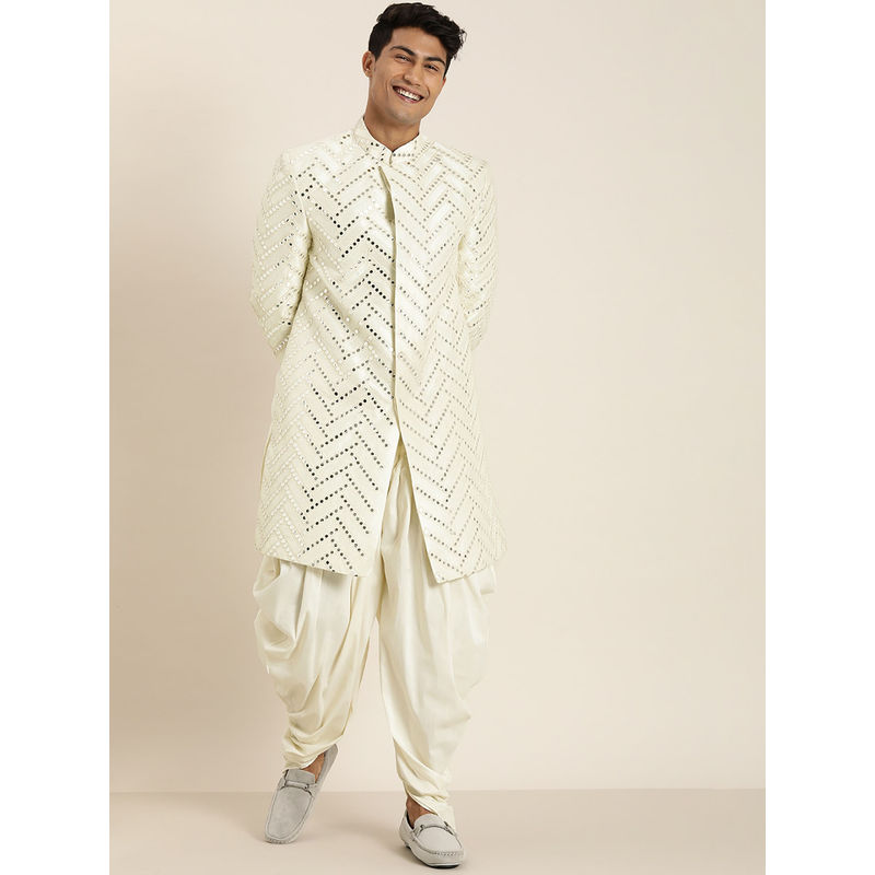 Vastramay Men's Off White Silk Blend Sherwani and Dhoti (Set of 2) (M)