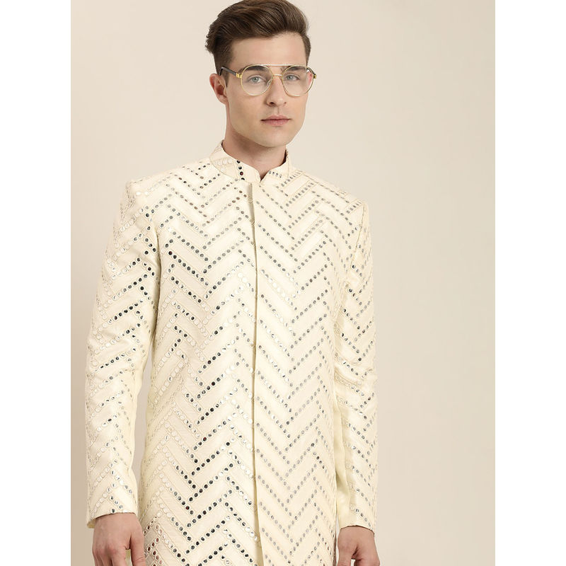 Vastramay Men's Cream Silk Blend Sherwani and Pyjamas and Pyjamas (Set of 2) (XL)