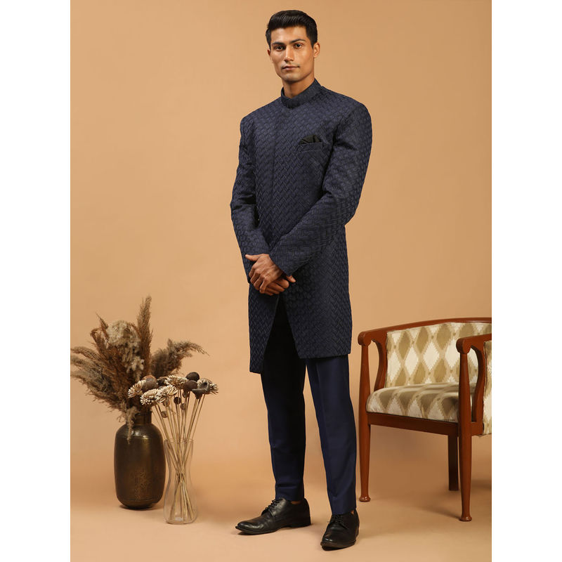 Vastramay Men's Navy Blue Silk Blend Sherwani and Pyjamas (Set of 2) (S)