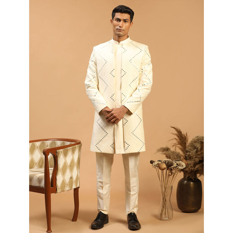 Vastramay Men's Cream Viscose Sherwani Set (Set of 2) (S)