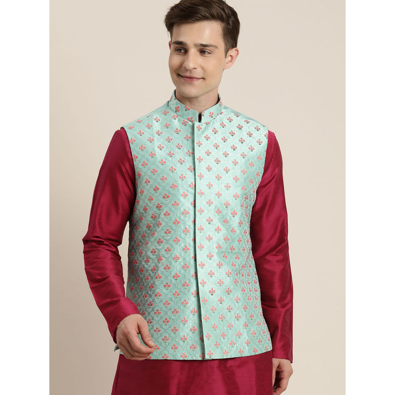 Vastramay Men's Mint Green Nehru Jacket (S)