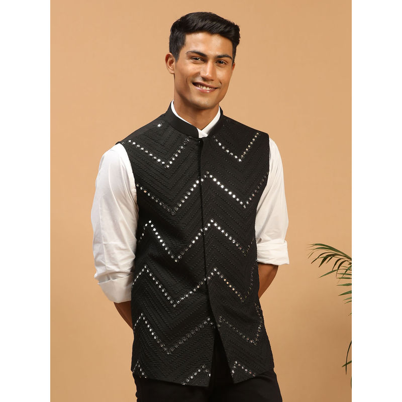 Vastramay Men's Black Mirror Work Nehru Jacket (XL)