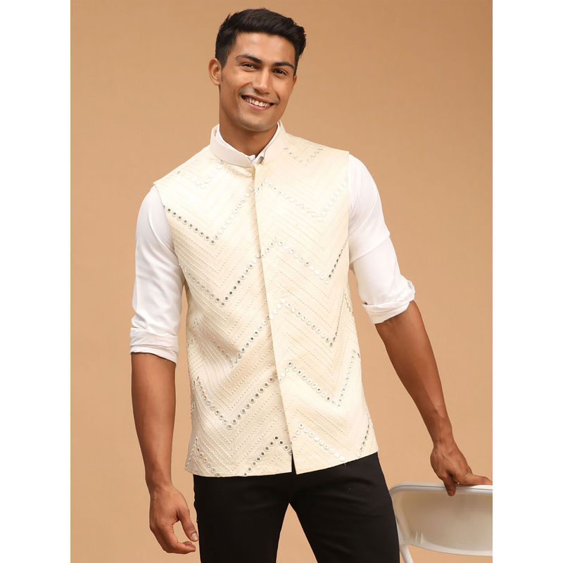 Vastramay Men's Cream Mirror Work Nehru Jacket (XL)