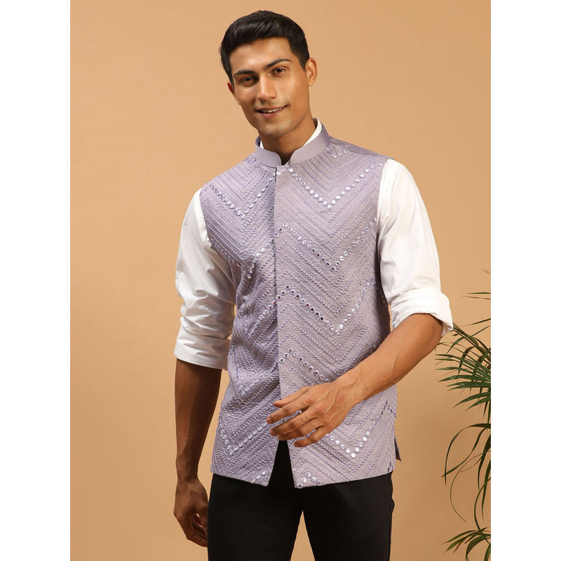Vastramay Men's Purple Mirror Work Nehru Jacket (L)