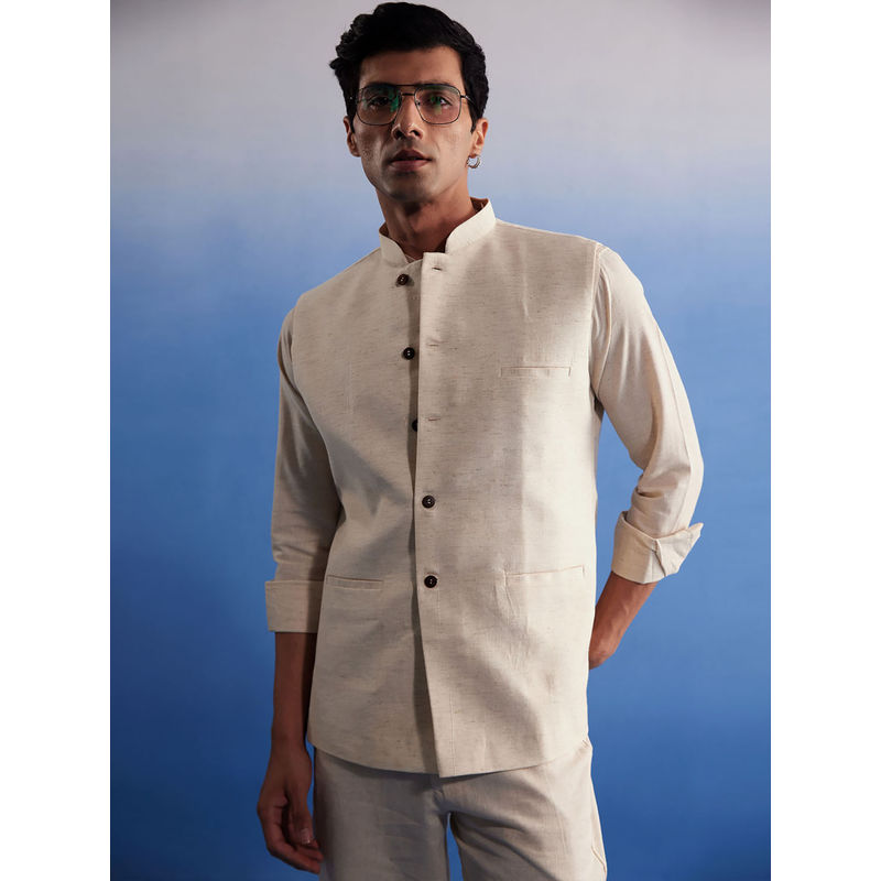Vastramay Men's Cream Cotton Nehru Jacket (M)